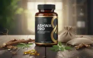 Ashwagandha capsules bottle on a wooden table with raw roots and green leaves in Pakistan.