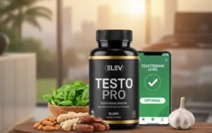 Bottle of testo boost supplement on a table with food