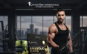 A muscular man training in a gym next to Anabolic T-Bol and Anabolic Mass supplements, representing natural testosterone support in Pakistan.