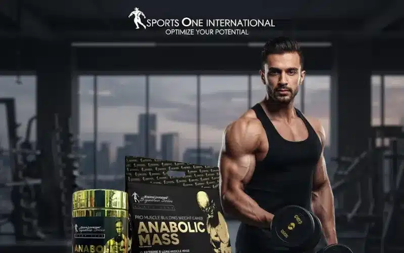 A muscular man training in a gym next to Anabolic T-Bol and Anabolic Mass supplements, representing natural testosterone support in Pakistan.