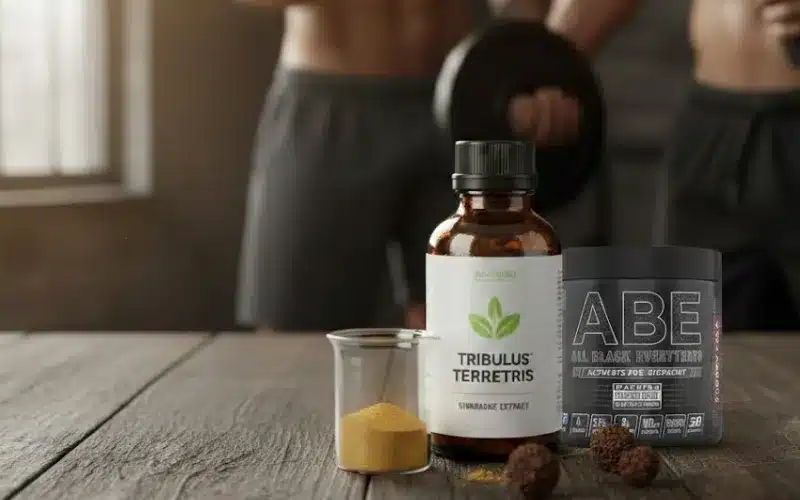 A side-by-side comparison of Applied Nutrition Test X, a Tribulus Terrestris extract bottle, and ABE pre-workout on a rustic wooden table with muscular athletes in the background.