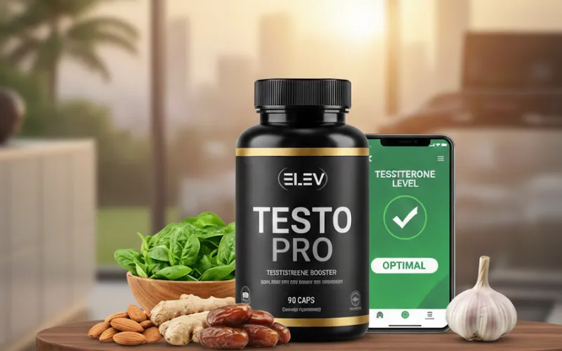 Bottle of testo boost supplement on a table with food
